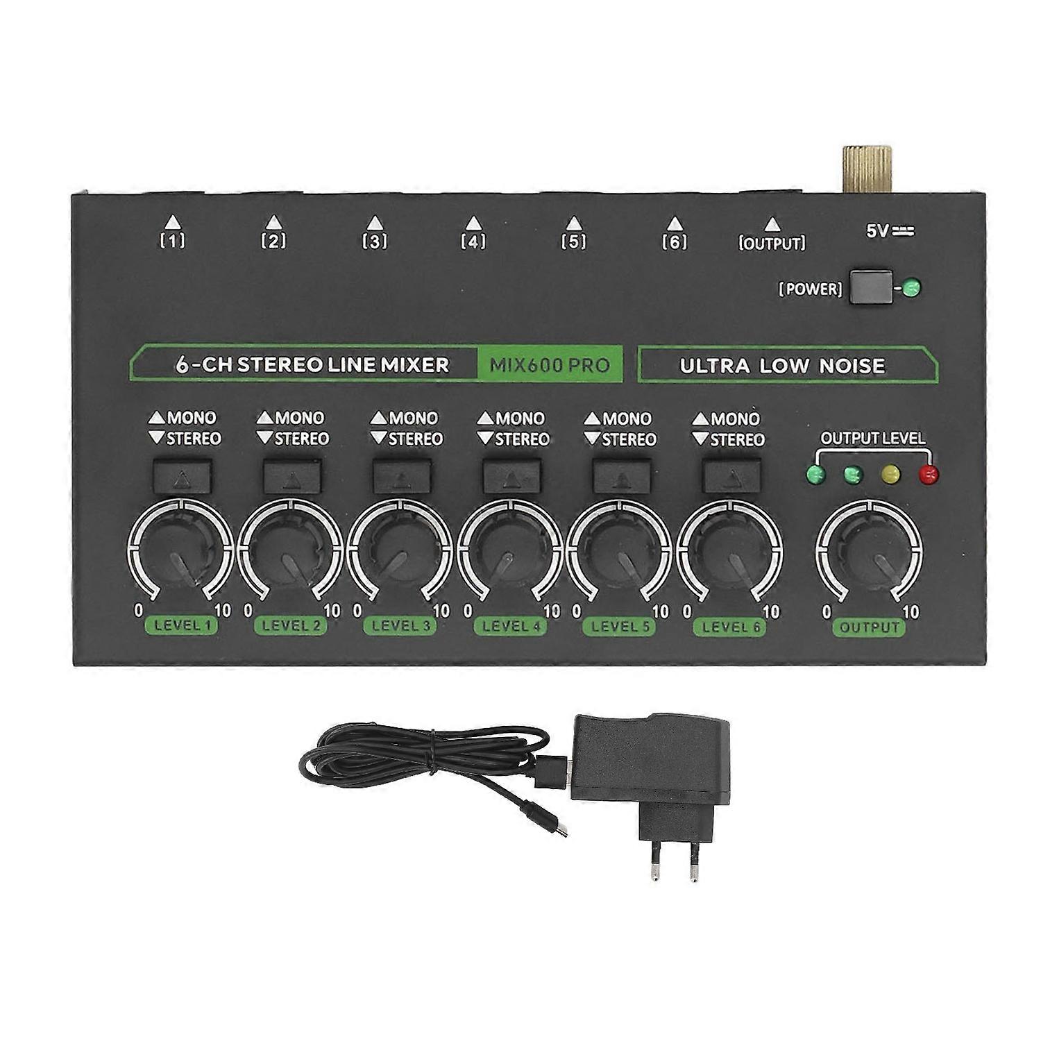 6 Channel Mixer with RGB Light 1/4 TRS TS Low Noise Stereo Mono Switching Line Audible Mixer for Sta