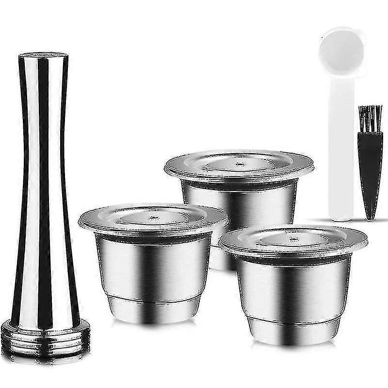 Reusable Capsules, Stainless Steel, 3 Refillable Pads Suitable for Certain Brands + 1 Tamper + 1 Spoon + 1