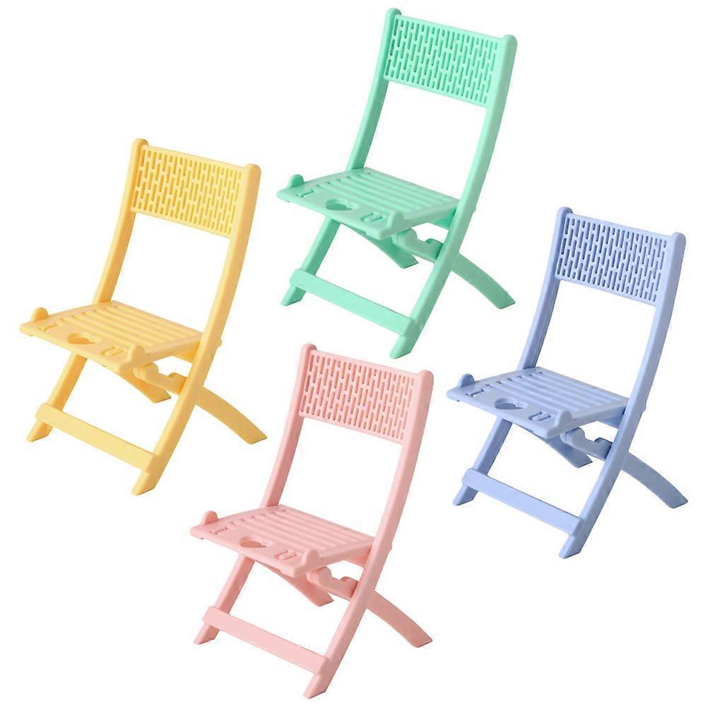 4pcs Mini Folding Chairs for Dollhouses – Smooth Surface, Set with Cell Phone Stand Function – Mint Green, Pink, Blue, Yellow