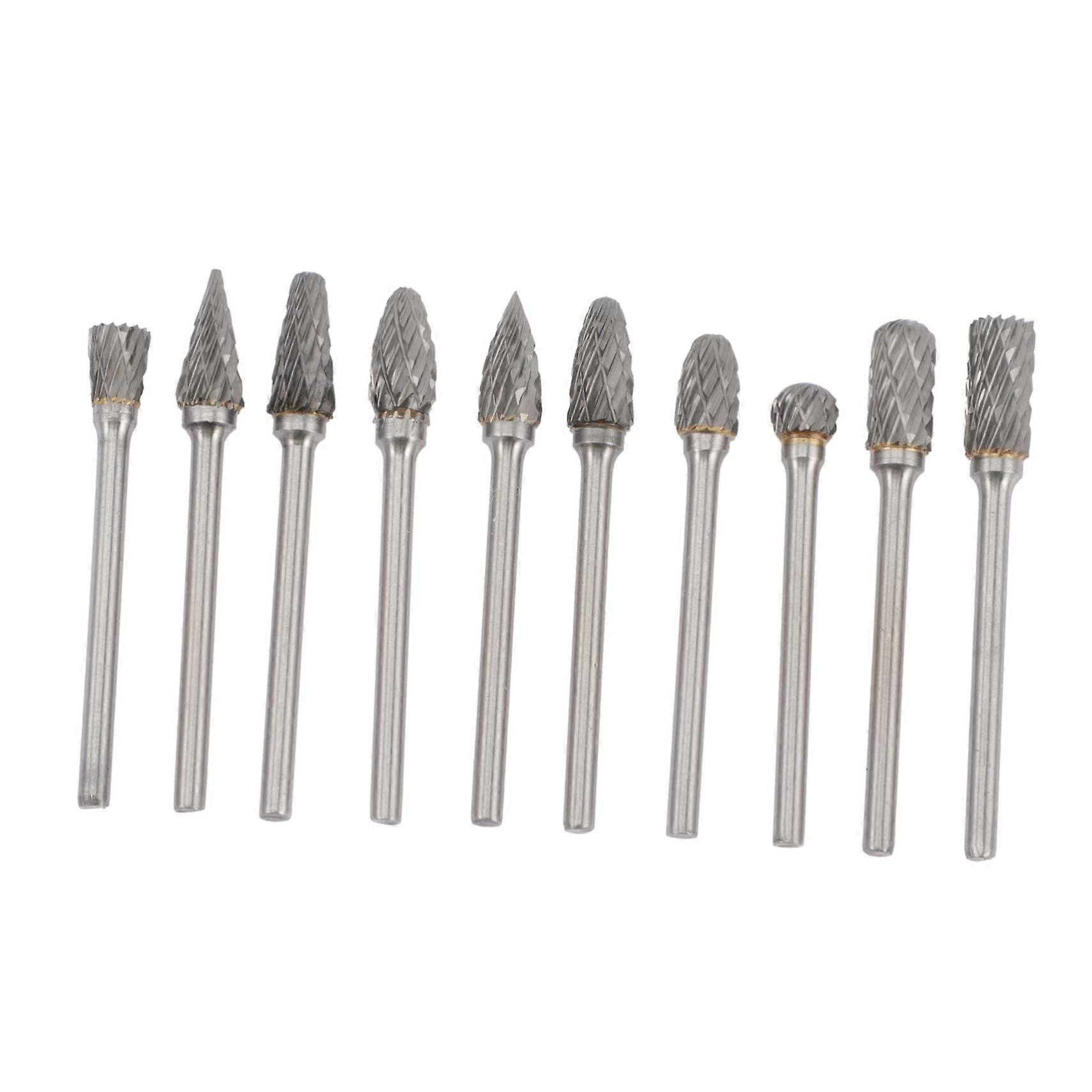 Rotary File Tool Set 10-Piece Stainless Steel Craft Carving Drill Bit Coated Rotating Burrs for Woodworking