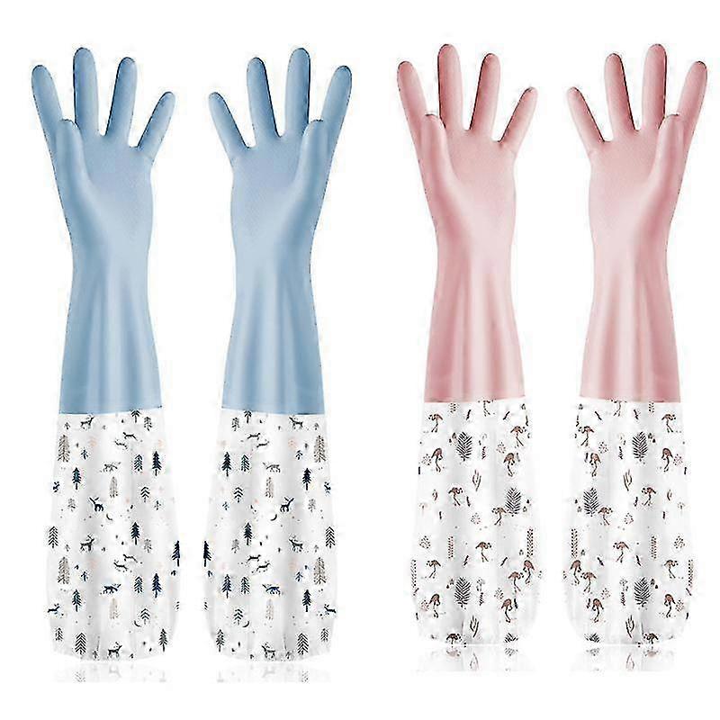 Two Pairs of Long Arm Rubber Gloves for Pond Gutter Cleaning - One Size - Blue and Pink Patterns