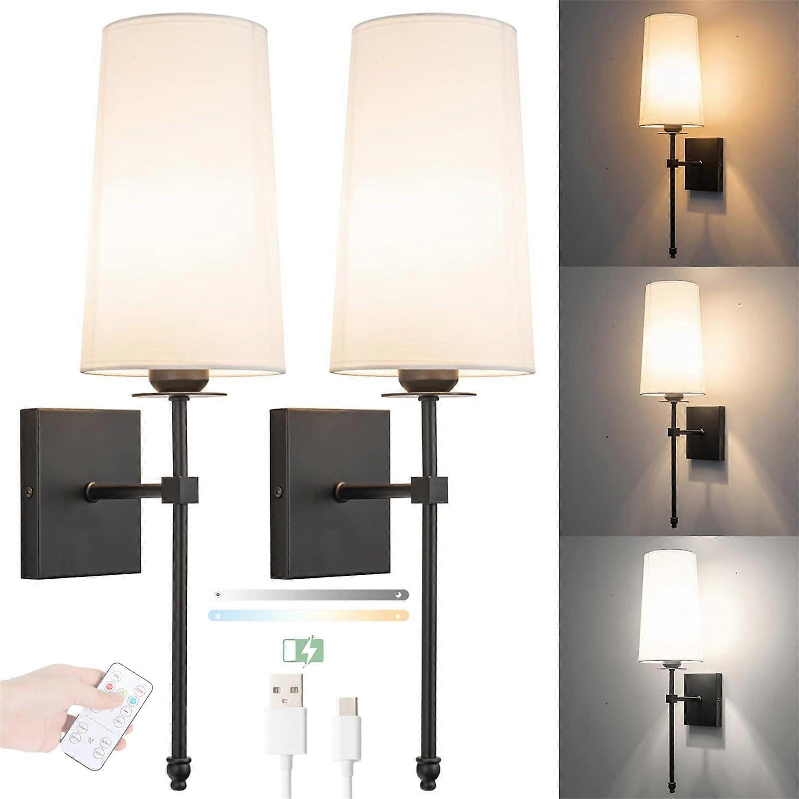 Indoor Wireless Wall Light Dimmable 3 Colour Temperature USB Rechargeable Remote Control Fabric Shade E27 Black Rustic Industrial 2-Pack