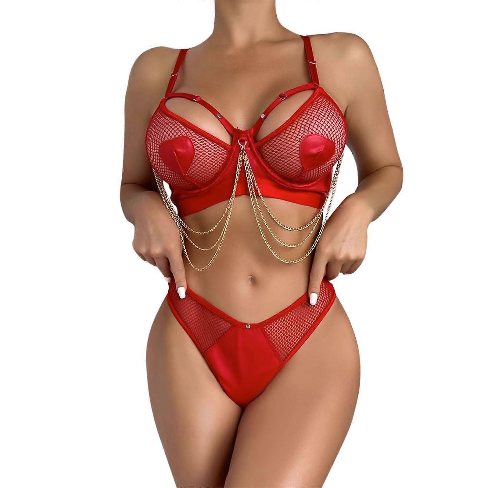 Women Lingerie Set Wet Look Backless Leather Bodysuit Plus Size Strapless Bra with Metal Tassel Chain in Red 44g