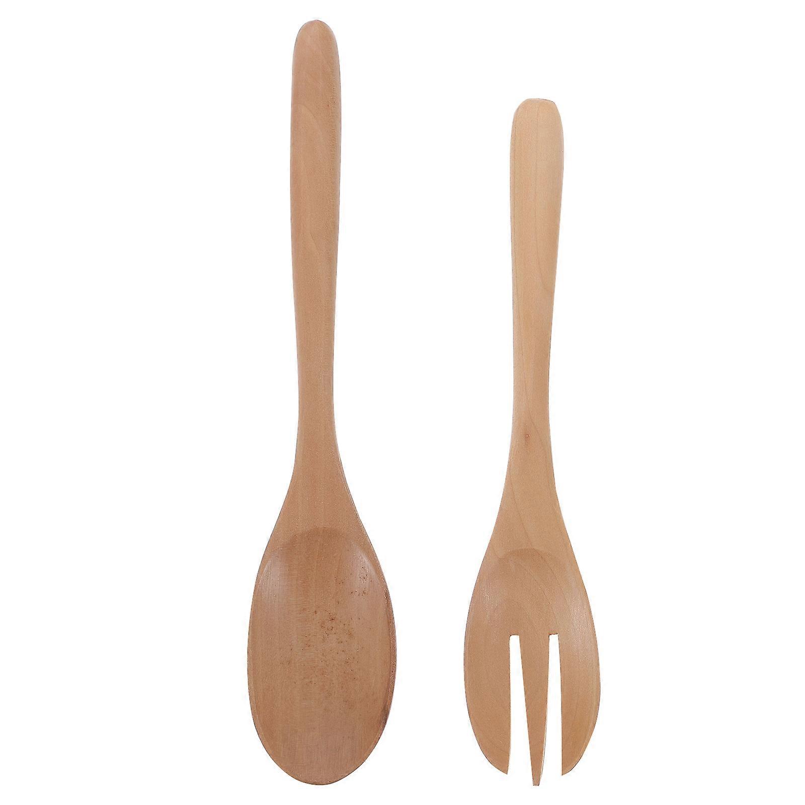 1 Set 2pcs Salad Spoon and Fork Made of Light Brown for Home Use