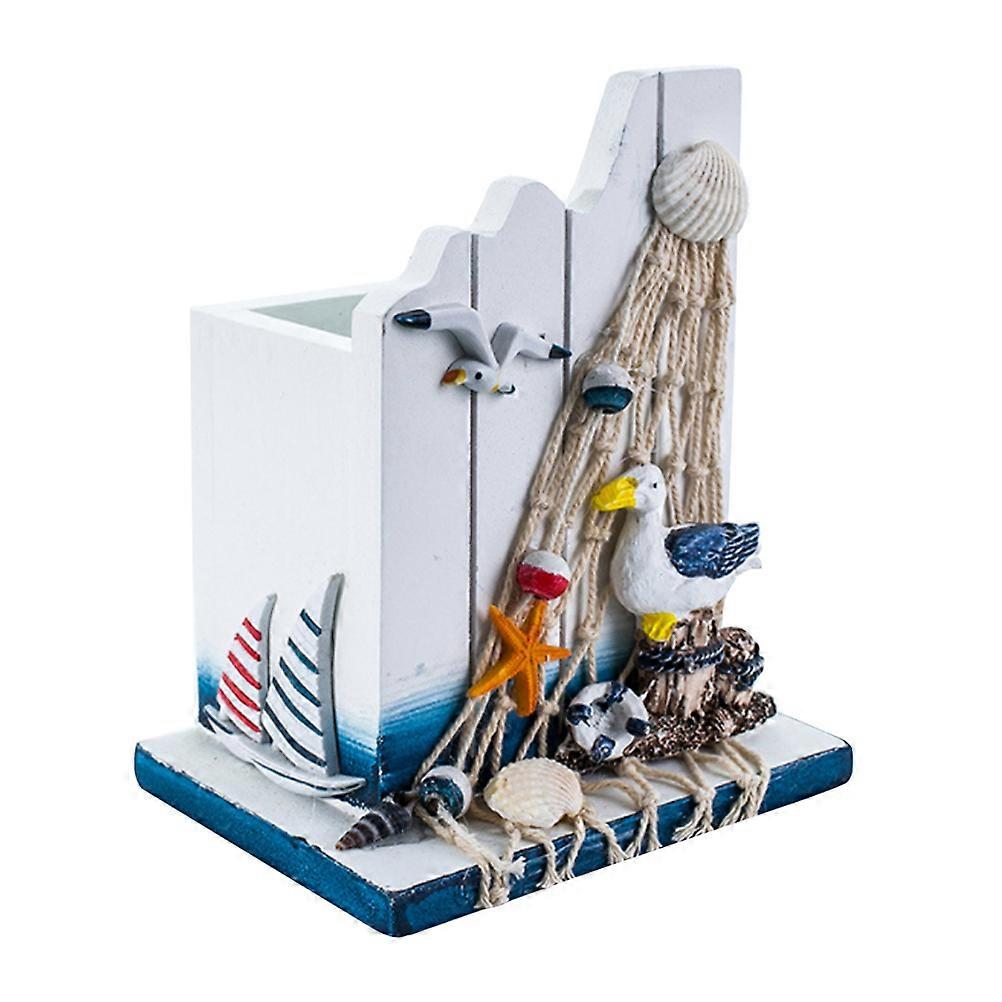 White Wooden Pen Container with Seabird Design for Desk Organization and Storage of Pens and Pencils
