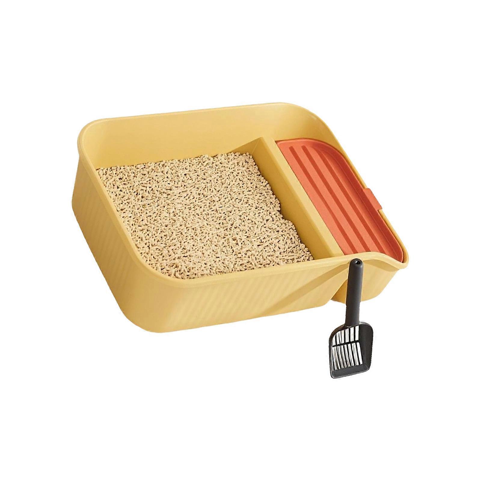 PP Cats Litter Pan Low Front Access Spillprevent High Edges Cats Toilet with Litter Shovel for Indoor Cats Easy to Clean  Yellow