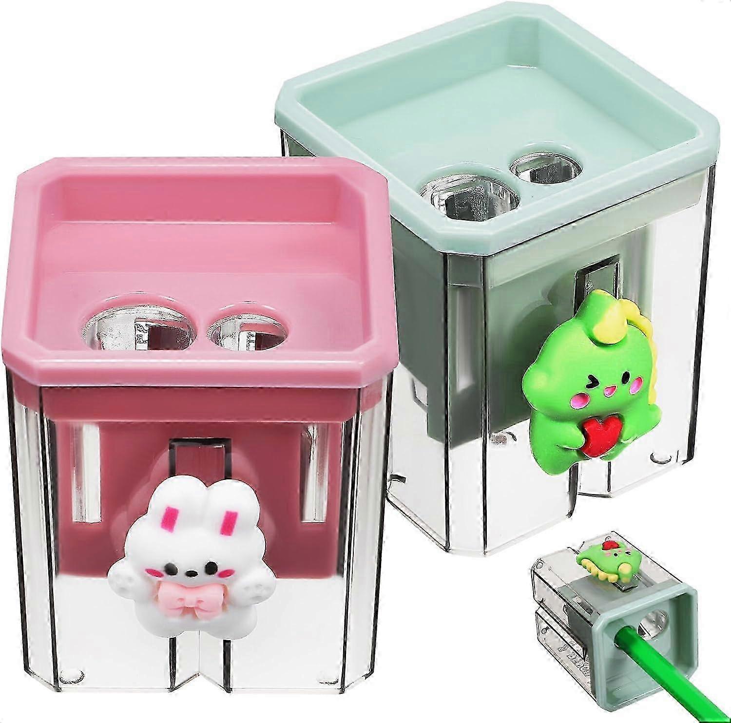 2pcs Dual Hole Pencil Sharpeners with Container, Portable Cute Cartoon Pencil Sharpener for School Office