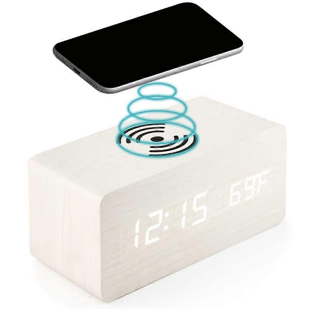 Wooden digital alarm clock with wireless charging 3alarms Electronic LED with temperature time display 3 levels of adjustable brightness(White)