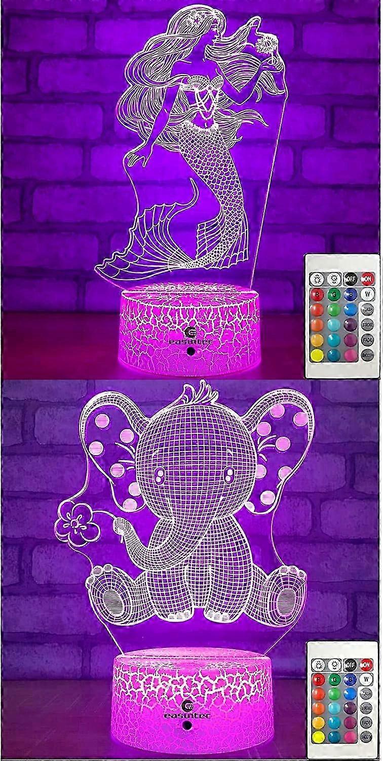 Mermaid + Elephant 3D Night Light ( 2 in 1 Bundle)