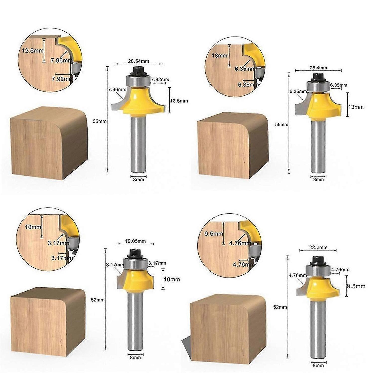4Pcs 8mm Shank Roundover Router Bit Set-Woodworking Milling Cutter