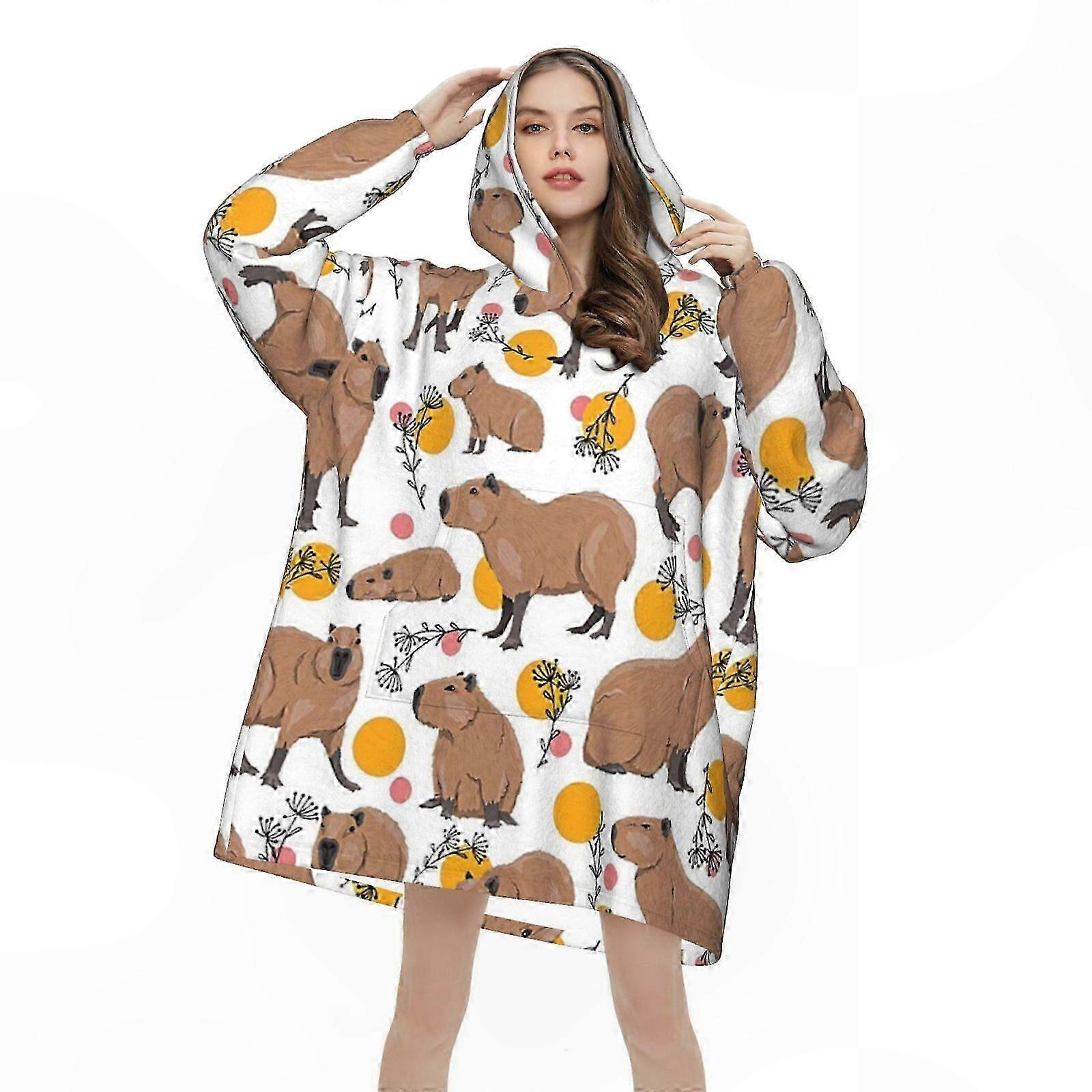 Couverture à capuche unisexe douillette avec tissu polaire et imprimé animal amusant pour adultes