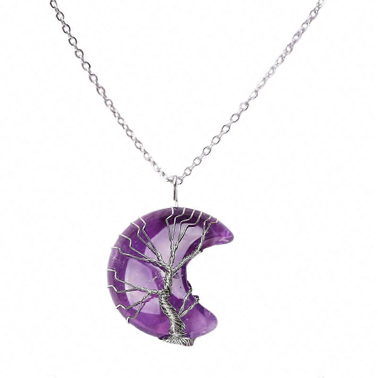 Collier avec pendentif croissant de lune en forme d'arbre de vie, collier en cristal pour femmes et hommes, collier en pierre naturelle, chaîne ras du cou, bijoux