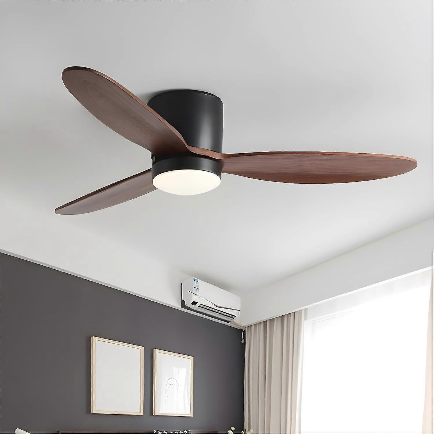 Modern Ceiling Fan Light 48-Inch Flush Mount, Solid Wood Blades, 110-120V, 3-Color Third Gear Dimming Natural Wood Grey