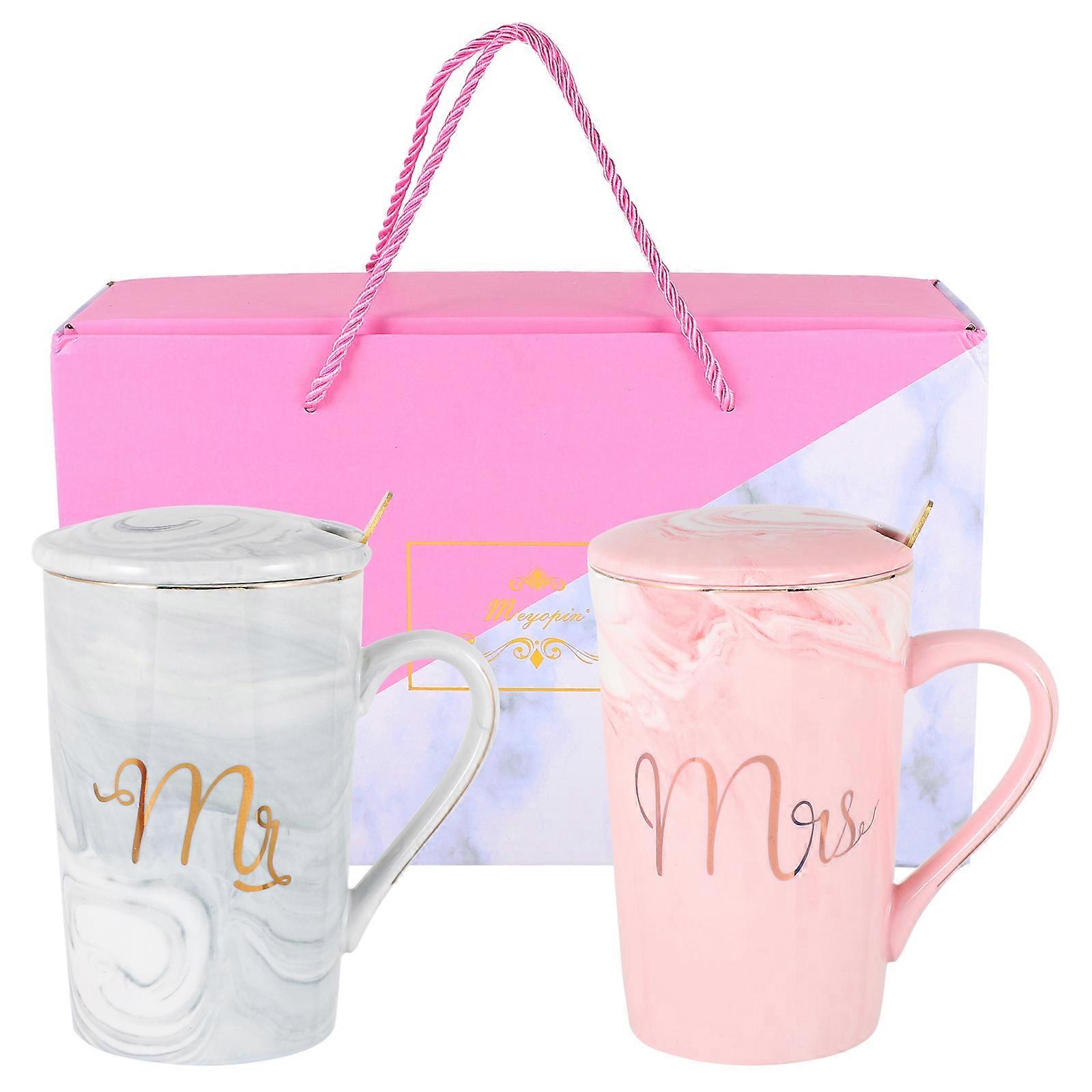 Ceramic Drinking Mugs Set For Couples With Lid And Scoops In Assorted Color For Wedding Festival 1 Set