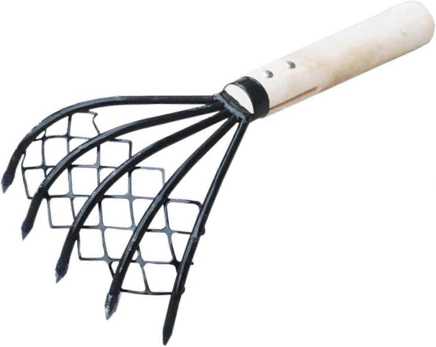 Clam Rake, 5-Claw Useful Beach Digging Fork Tool with Mesh Net, Seafood Accessories for Digging Clams for Beach Garden(Black + Beige)