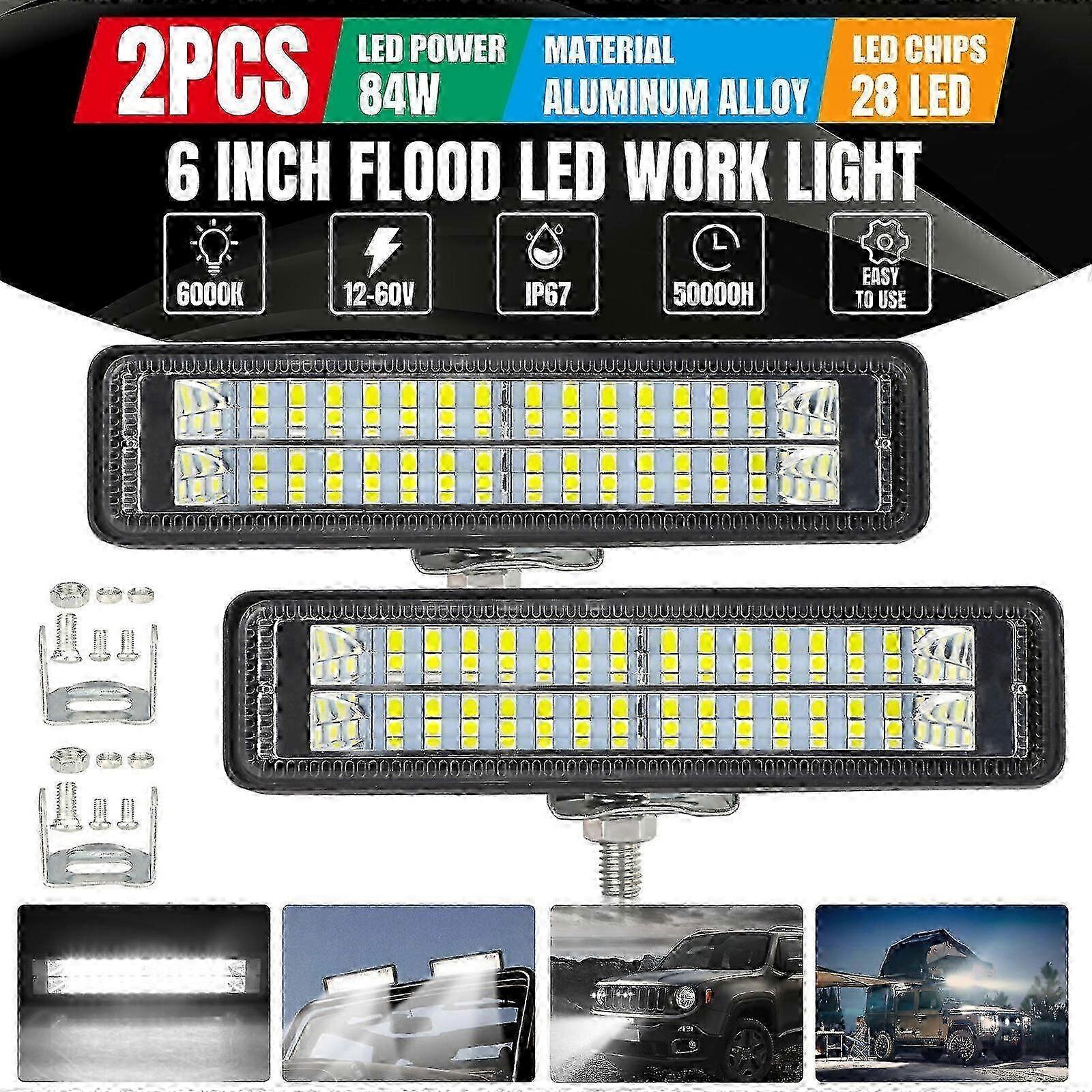 84W LED Work Light Bar Set 6 Inch Flood Spot Beam for Trucks SUVs ATVs