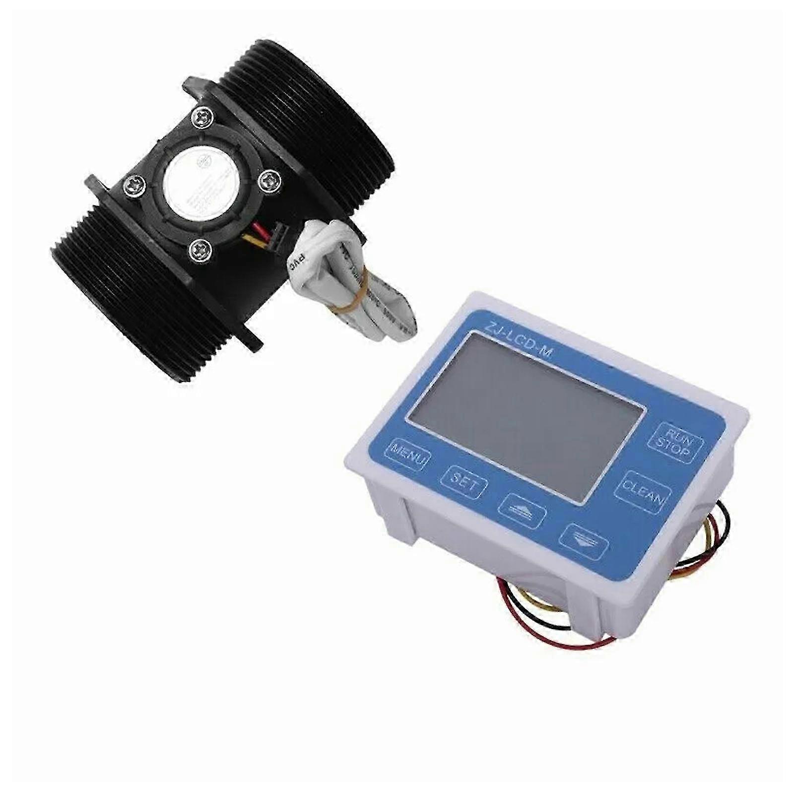 "Digital Water Flow Sensor Meter with LCD, 5-300L/min, Backlit, Blue/White/Black, 24V DC"