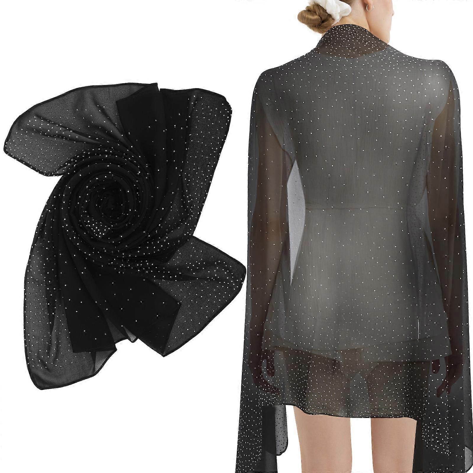 Rhinestone Shawl Black Evening Cover Up Elegant Formal Event Accessory Rectangular Chiffon 1Set