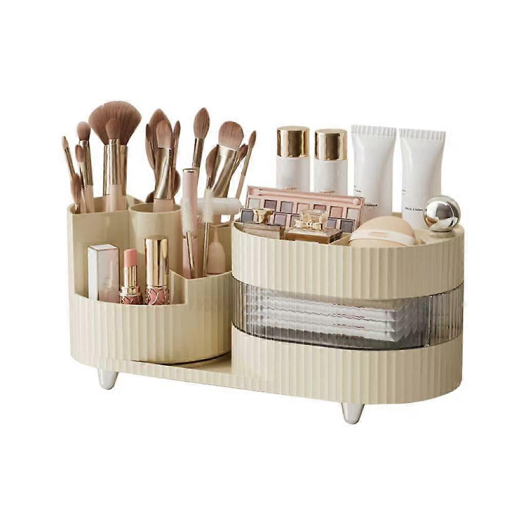Rotating Makeup Organizer 3Tier 360 Degree Cosmetic Storage with Brush Holder and Drawer Cream White