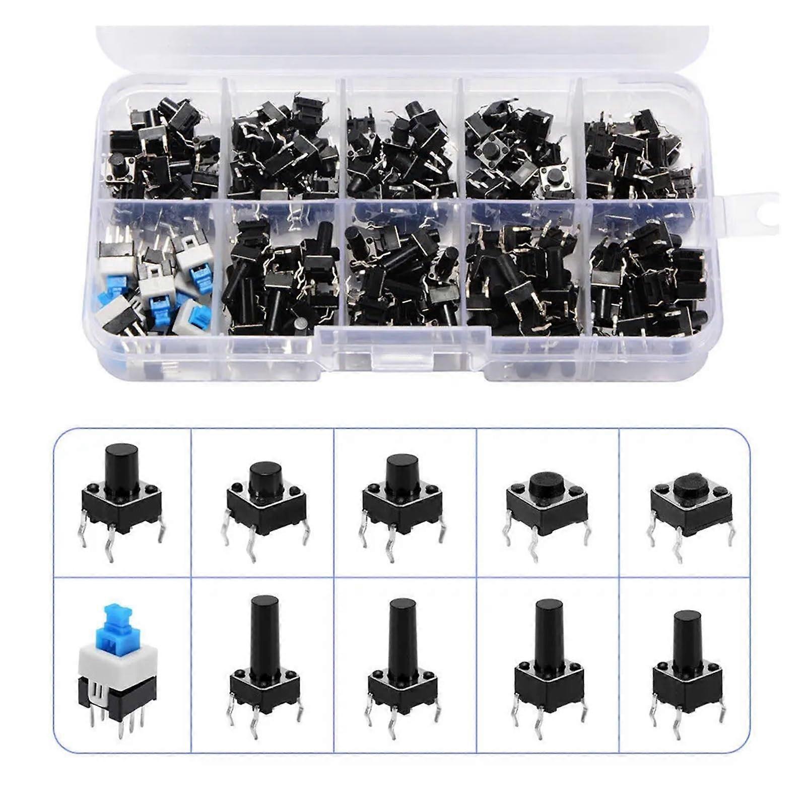 10 Values 180PCS Momentary Tactile Push Button Switch Kit DIP 4P 4.3mm-13mm Height 6x6 Key Switch for Electronics Projects