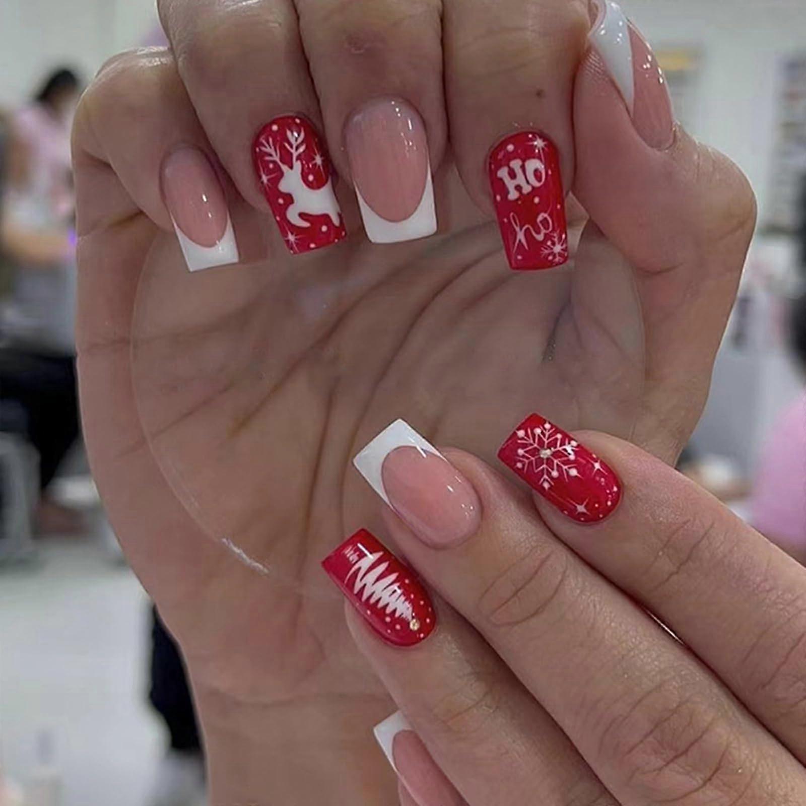 Christmas Press On Nails Medium Square Red White Snowflake and Tree Reusable Holiday Nail Tips