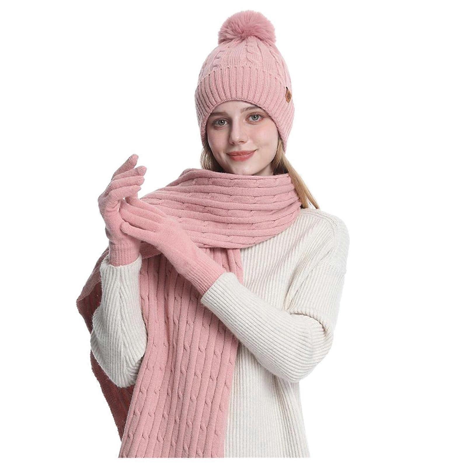 Solid Color Double Layer Wool And Thick Warm Wool Hat Scarf Gloves Three Piece Set