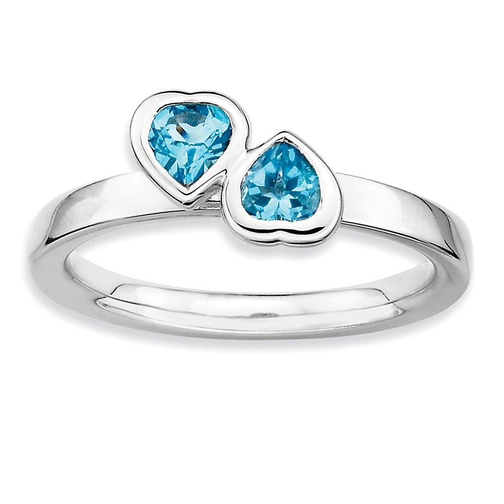 Lunetta in argento sterling 925 lucido impilabile topazio blu doppio amore cuore anello-anello impilabile per le donne - Misura anello: 5 t
