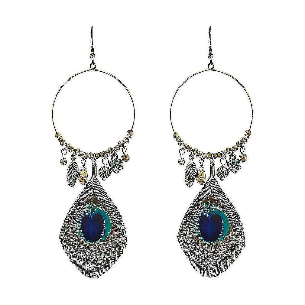 Earrings Exaggerated Owl Natural Peacock Feather Eardrops For Ball