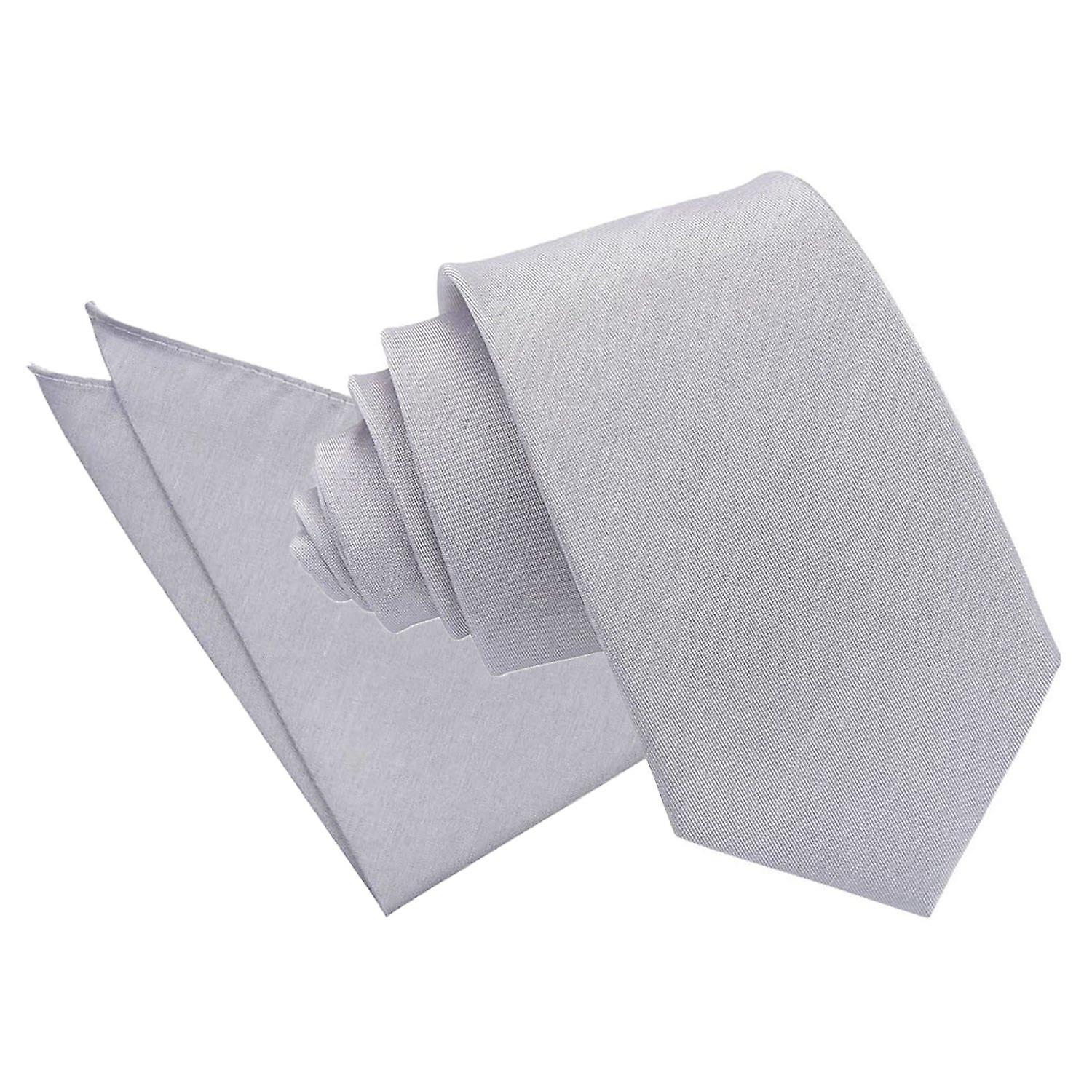 Silver Plain Shantung Slim Tie and Pocket Square Set