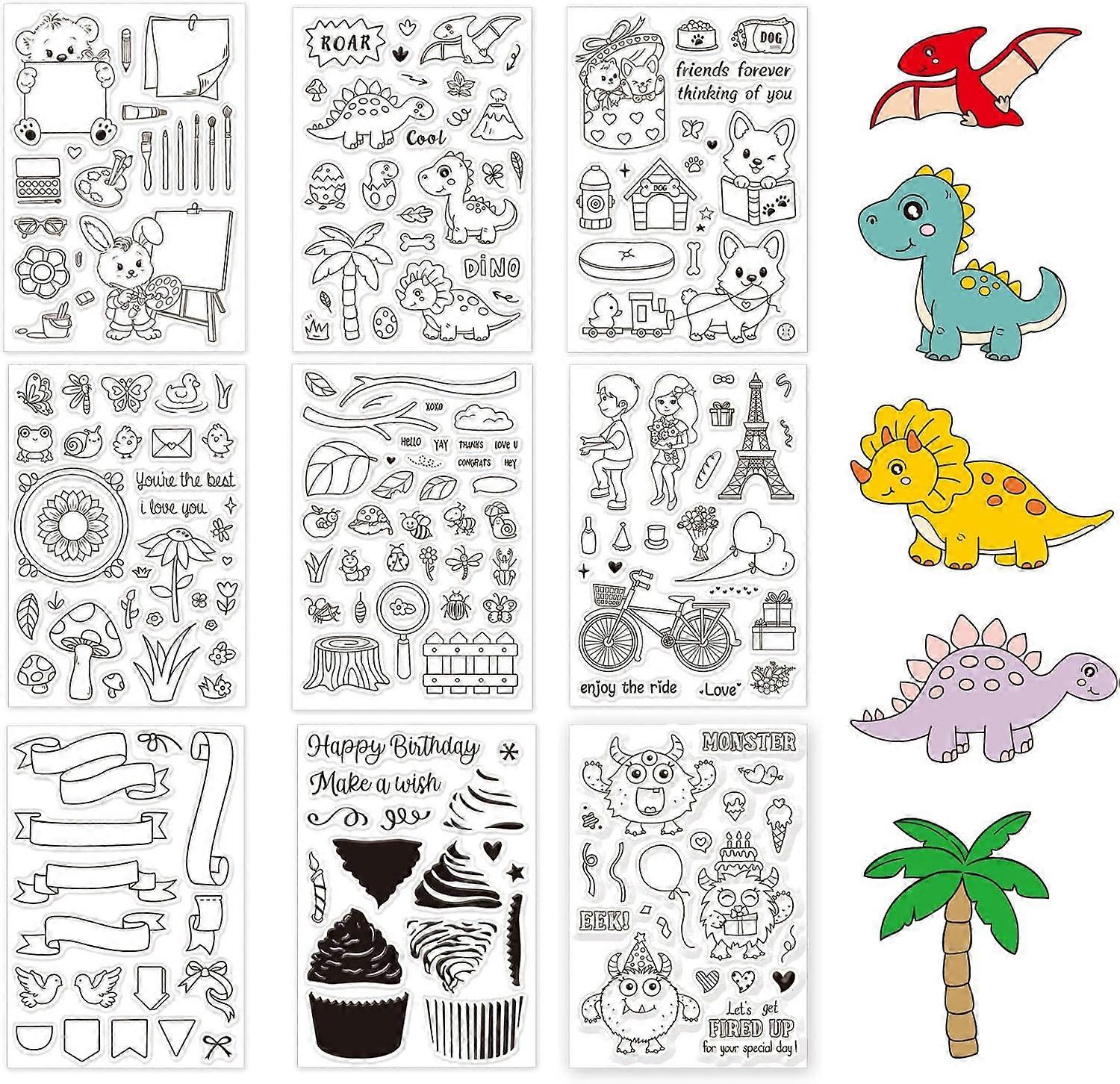 9 Sheets Mixed Clear Stamps Transparent Silicone Stamps Set for Card Making Decor DIY ScrapbookingLayered Cupcakes Animals Corgi Monsters Label Boxes