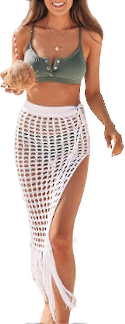 Women's Sexy Hollow Mesh Tassel Skirt Beach Cover Summer Fishnet Swimsuit Wrap Transparent Long Skirt Sarong Swimsuit