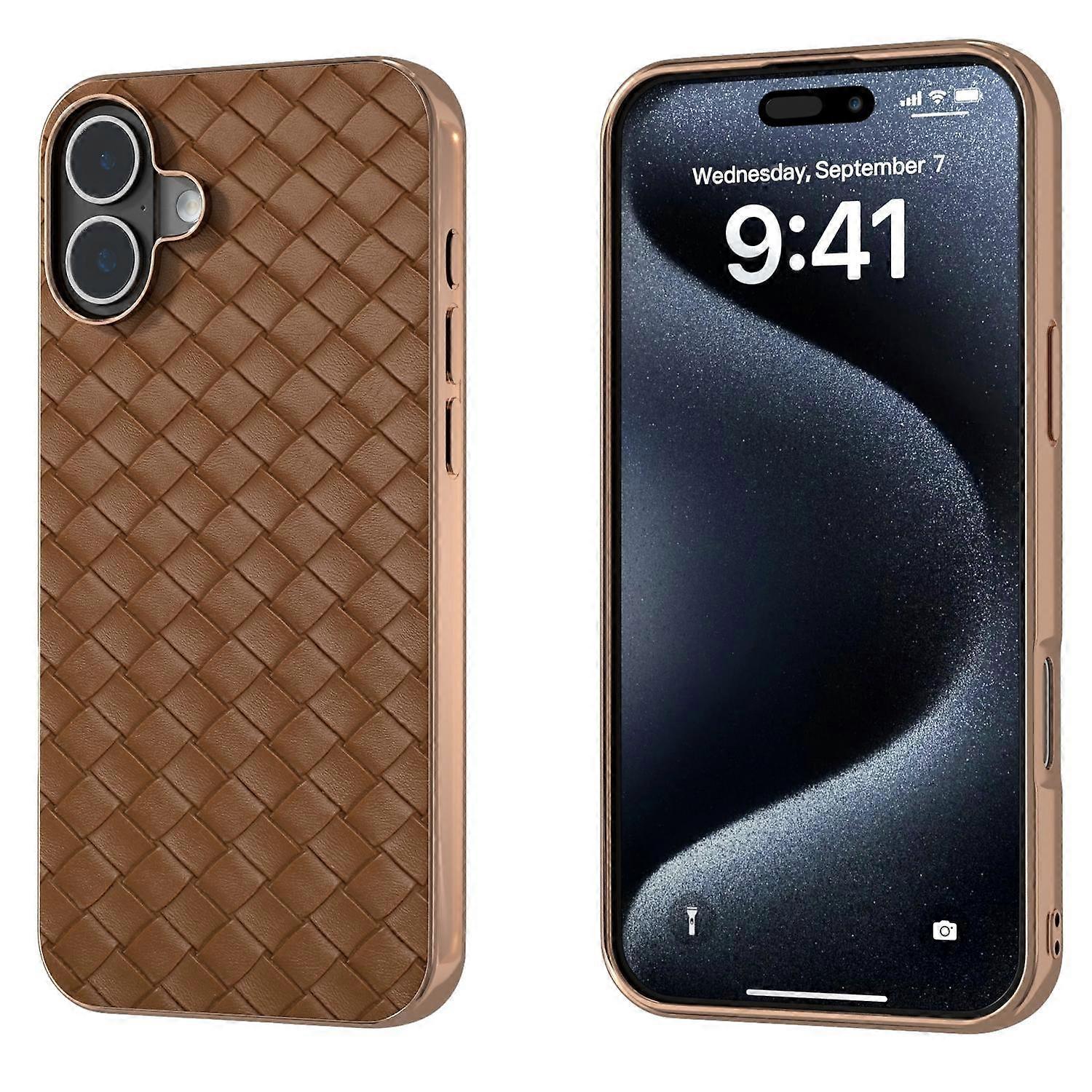 Plating Frame Woven Texture PU Case For iPhone 16 Plus