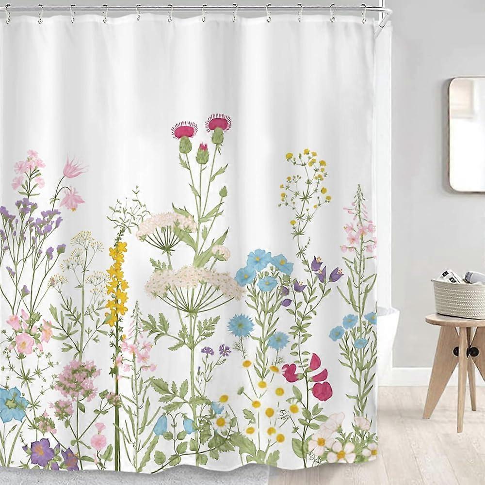 バスルームアクセサリー用ワイルドフラワーフローラルシャワーカーテン60Wx72Hインチ水彩花植物植物ハーブ春草カラフルな花生地B