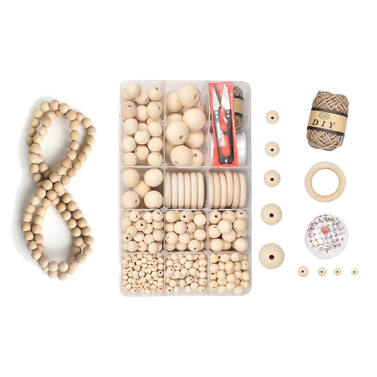732Pcs Wood Beads with Jute Twine Round Kit DIY with 1 Roll Crystal Elastic Line for Pendant