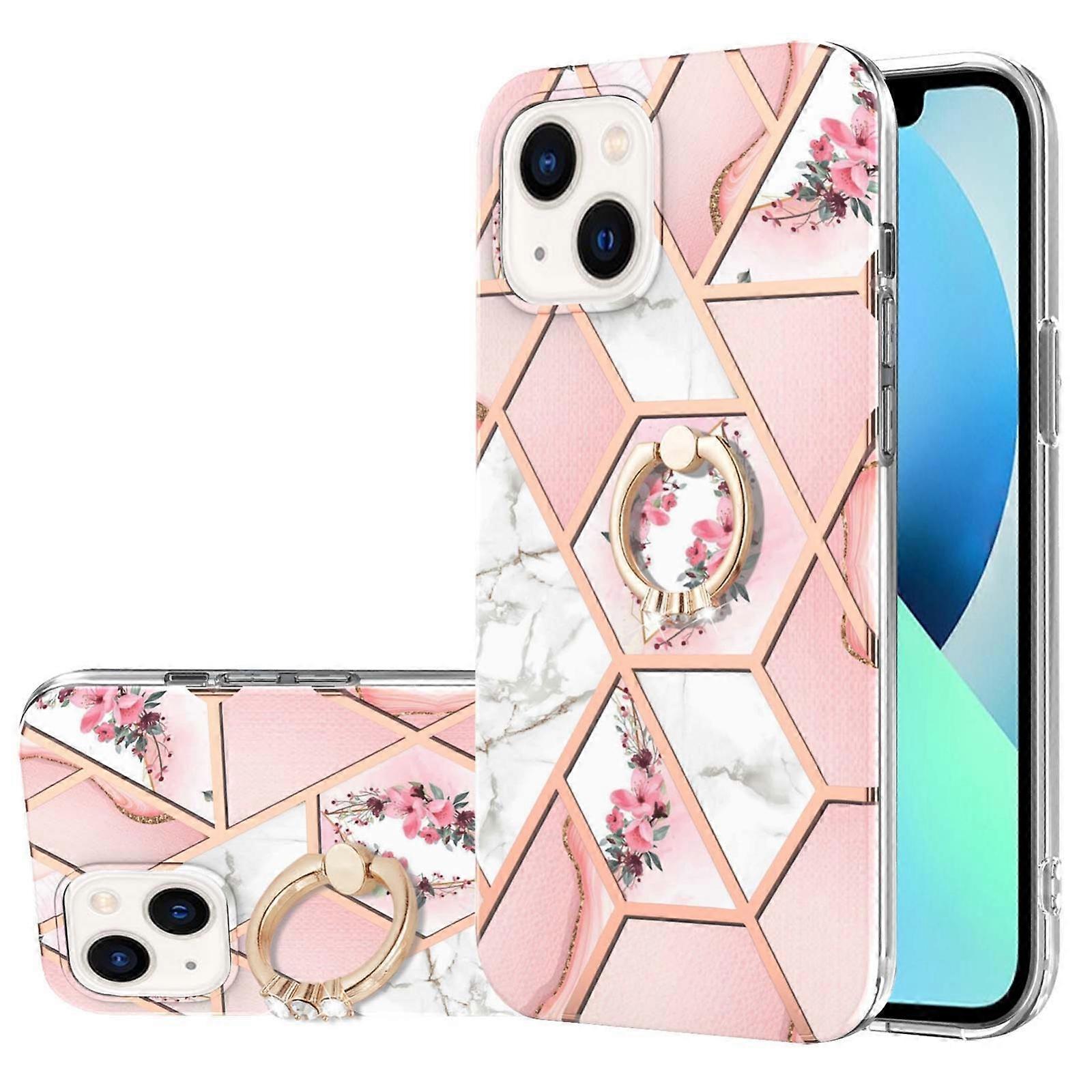 Electroplating Splicing Marble Flower Pattern TPU Shockproof Case with Rhinestone Ring Holder For iPhone 14