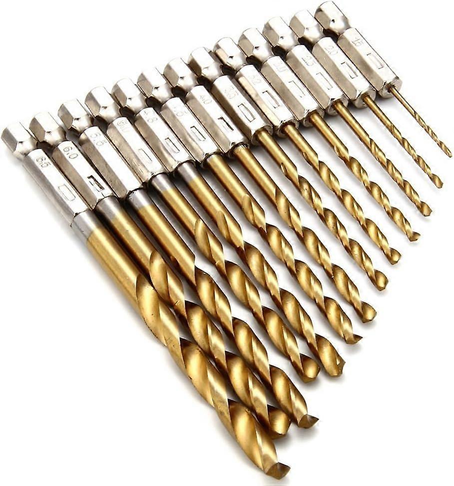 13PCS 6.35mm Hex Shank Twist Drill Bit Titanium Coated Set Metric Quick Change Twist Drill Bits High Speed Steel Twist Drill Bits Tools 1.5mm - 6.5mm