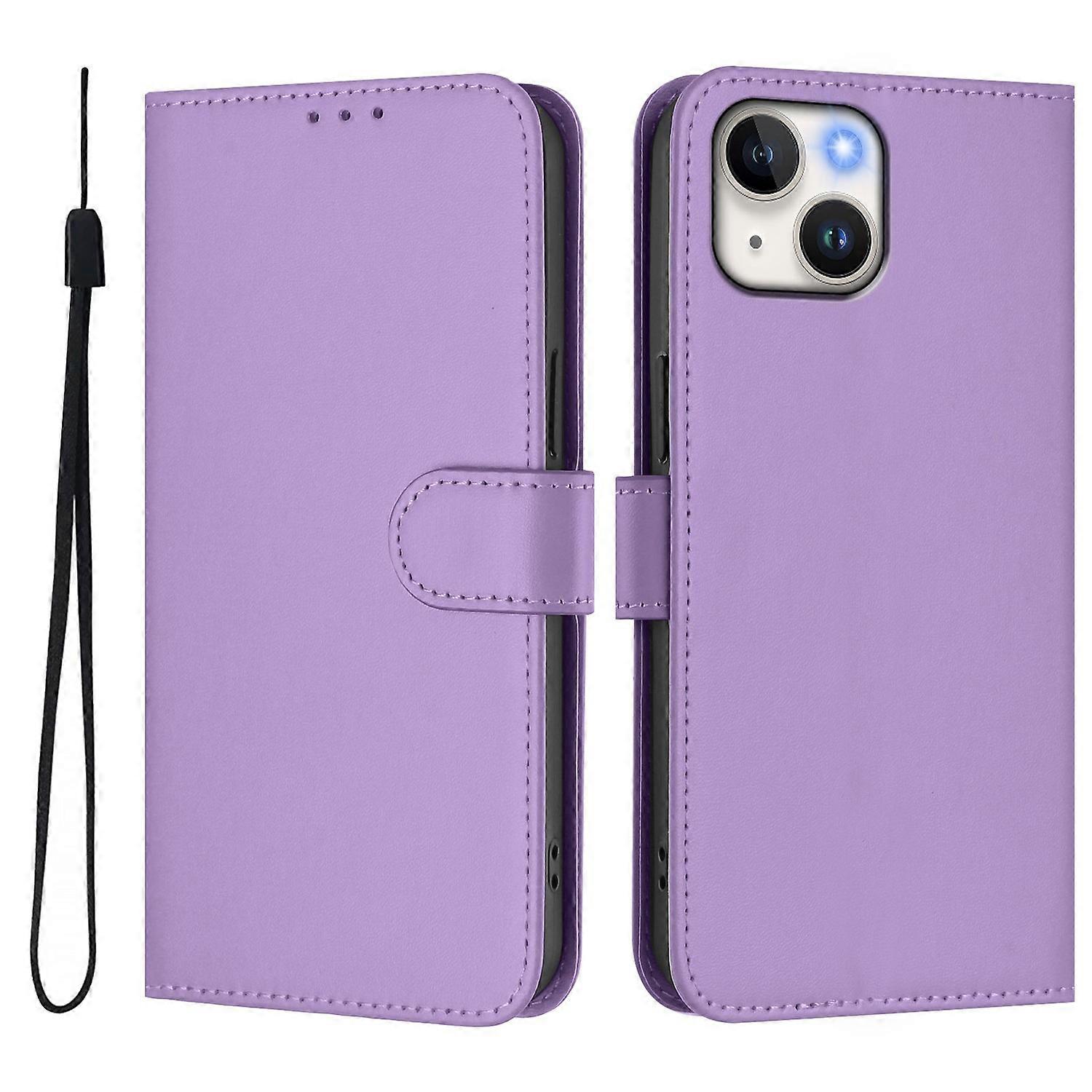 For iPhone 15 Case Solid Color Wallet Leather Phone Cover with Strap - Lavender