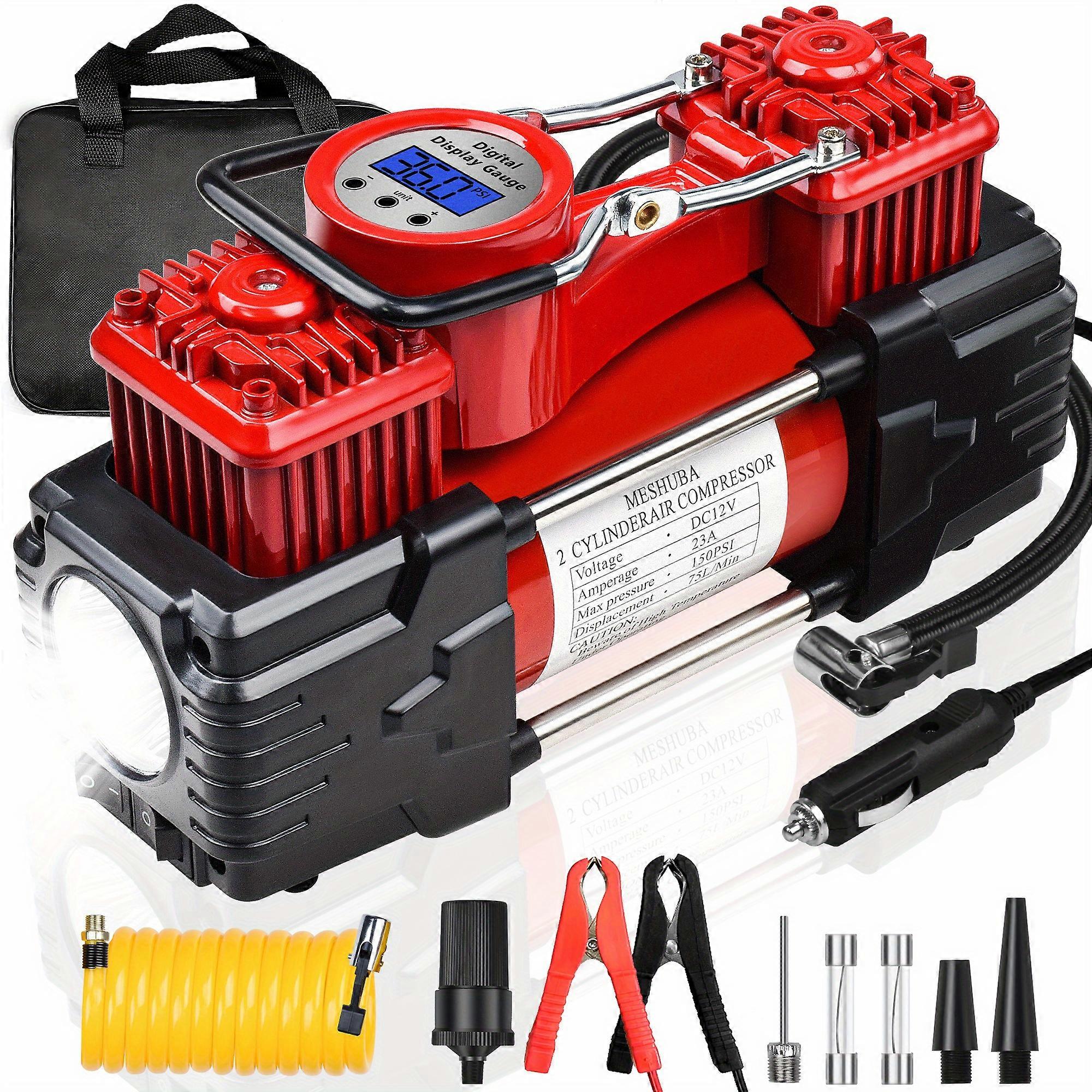 MESHUBA Twin Cylinder Air Compressor 12V Portable Heavy Duty Tire Inflator With Digital Gauge Car Pump Auto Shut-Off For Vehicle, Bicycle And Other