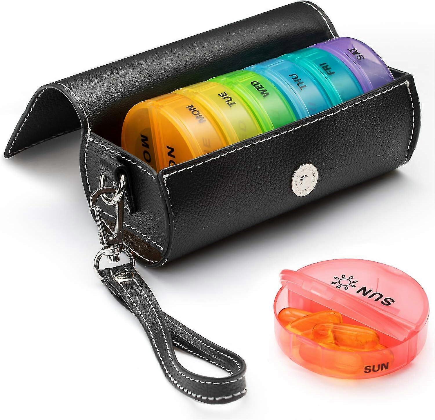 2 Times A Day, Am Pm Large Daily Pill Box With Pu Leather Case, Travel-friendly, Round Pill Box, 7 Day Pill Box