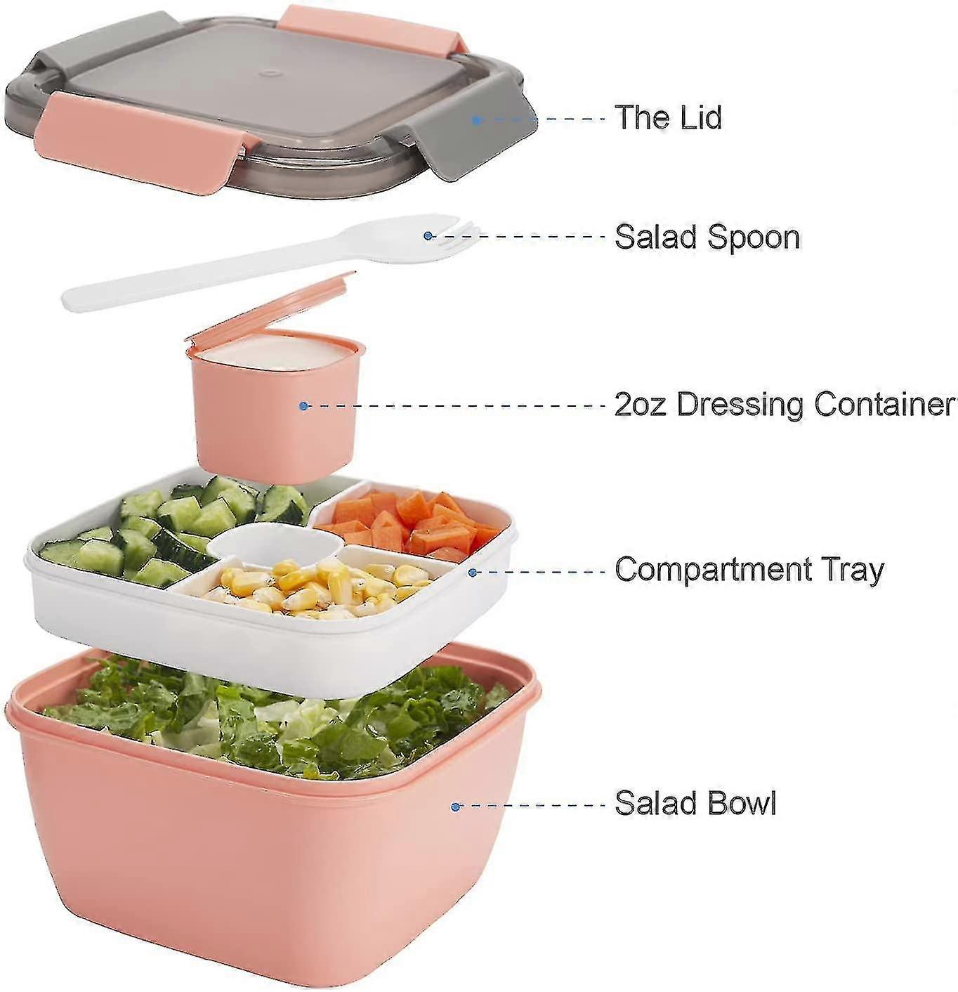 Sallad lunchbehållare att gå, salladsskålar med 3 fack, sallad tupperware för salladspålägg