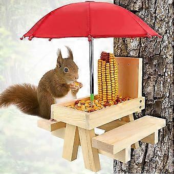 NCONCO Squirrel Feeder, Wooden Picnic Table With Umbrella & Corn Cob Holder, Easy To Fill Peanuts & Nuts, Ideal For Squirrel Lovers