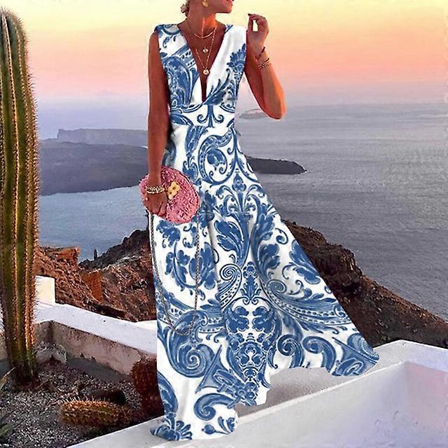 Dámské boho maxi šaty 2022 Léto s výstřihem do V Zip bez rukávů Volány Párty Dlouhé šaty Dámská tunika Plážová dovolená Šaty-BU,S