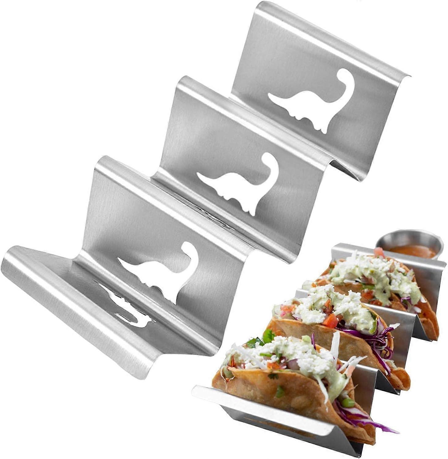 Stainless Steel Taco Stand Rack Tray with Dinosaur Shape Hole, Pancake Stand for Soft Hard Shell Burritos Hot Dog