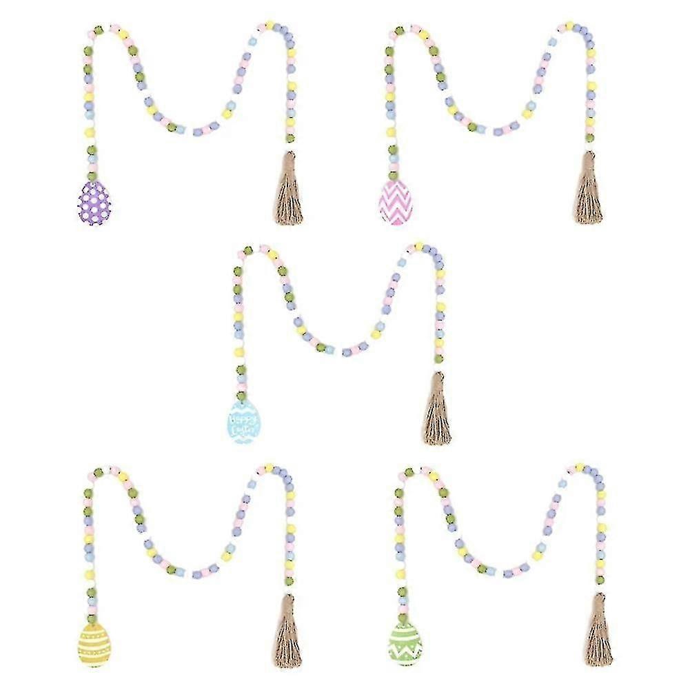5pcs Spring Wooden Beads Garland With Tassels Easter Egg Tag