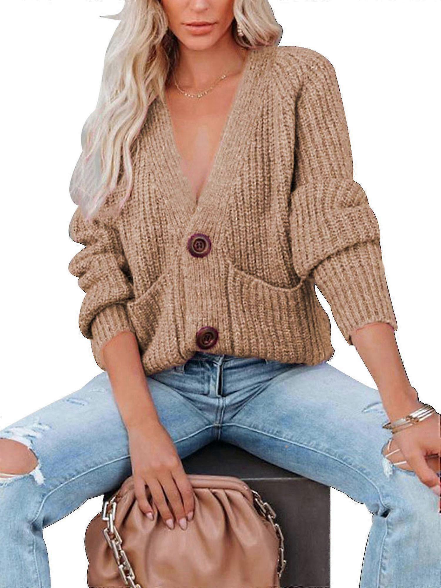 Women Long Sleeve V Neck Button Sweater Ladies Casual Loose Jumper Cardigan Tops