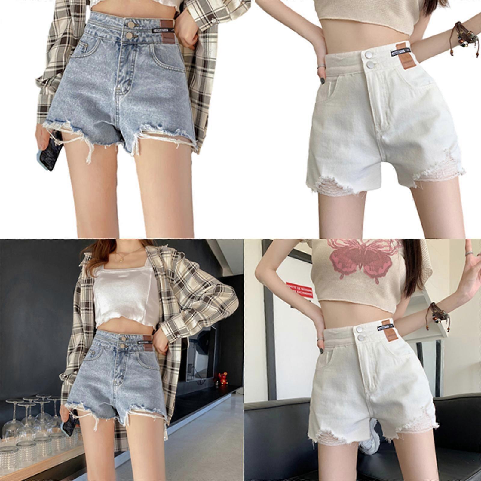 شورتات نسائية عصرية عالية الخصر حديثة مهترئة ساق عريضة كاجوال شورتات صيفية مع جيوب أبيض XL