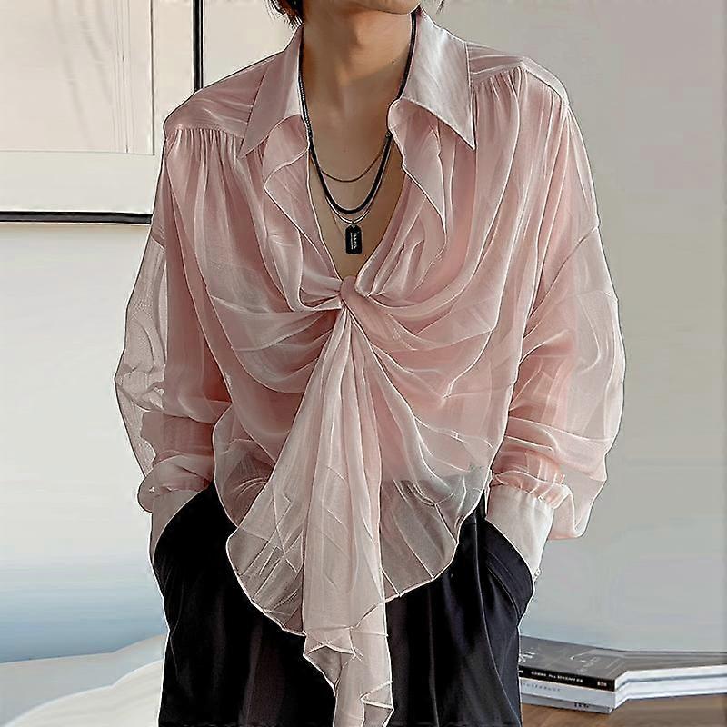 INCERUN Men Long Sleeve Twisted Chiffon See Through Tops Party irregular Mesh T-Shirts