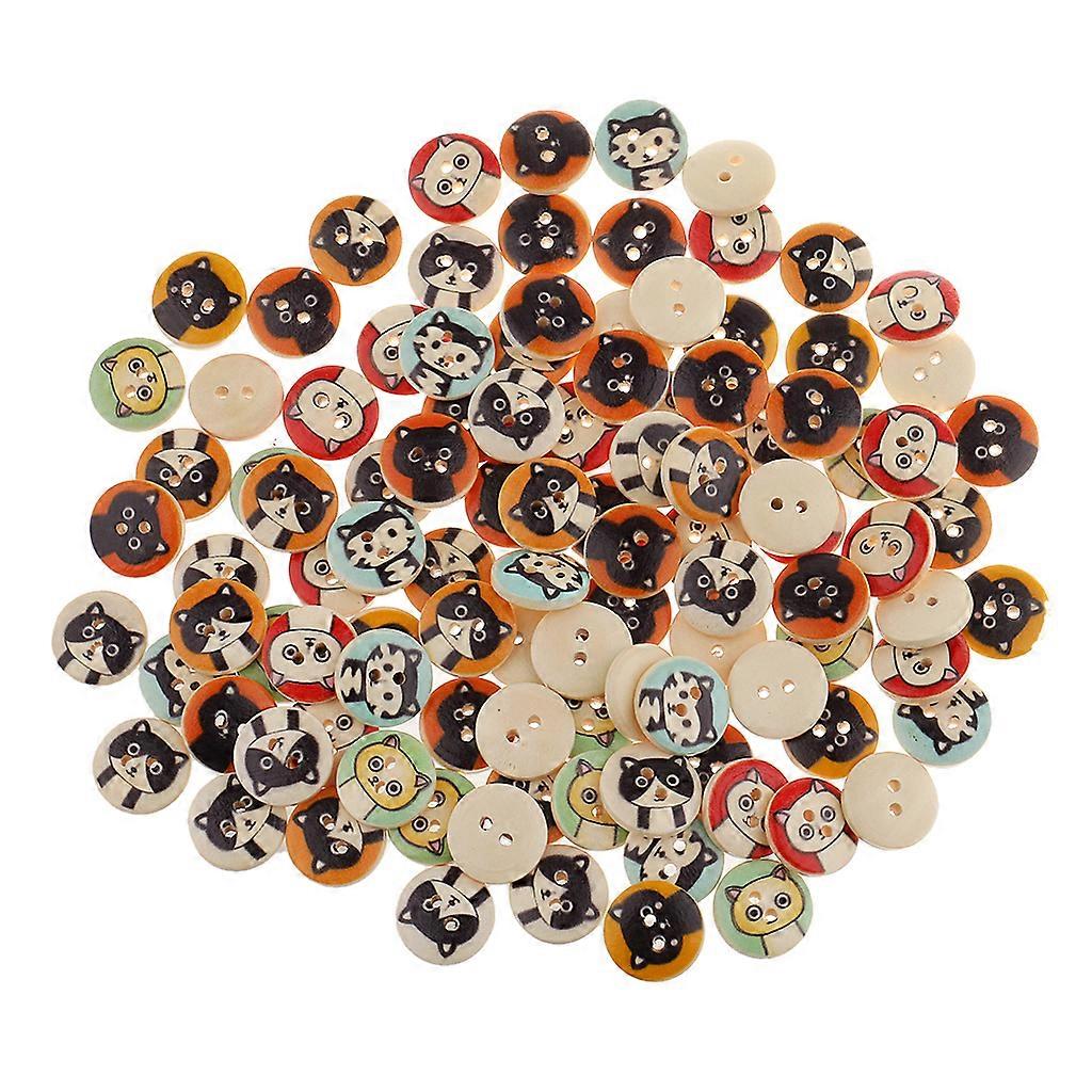 100x Cat Pattern 2-Hole Wood Buttons Sewing Buttons for Scrapbooking Craft