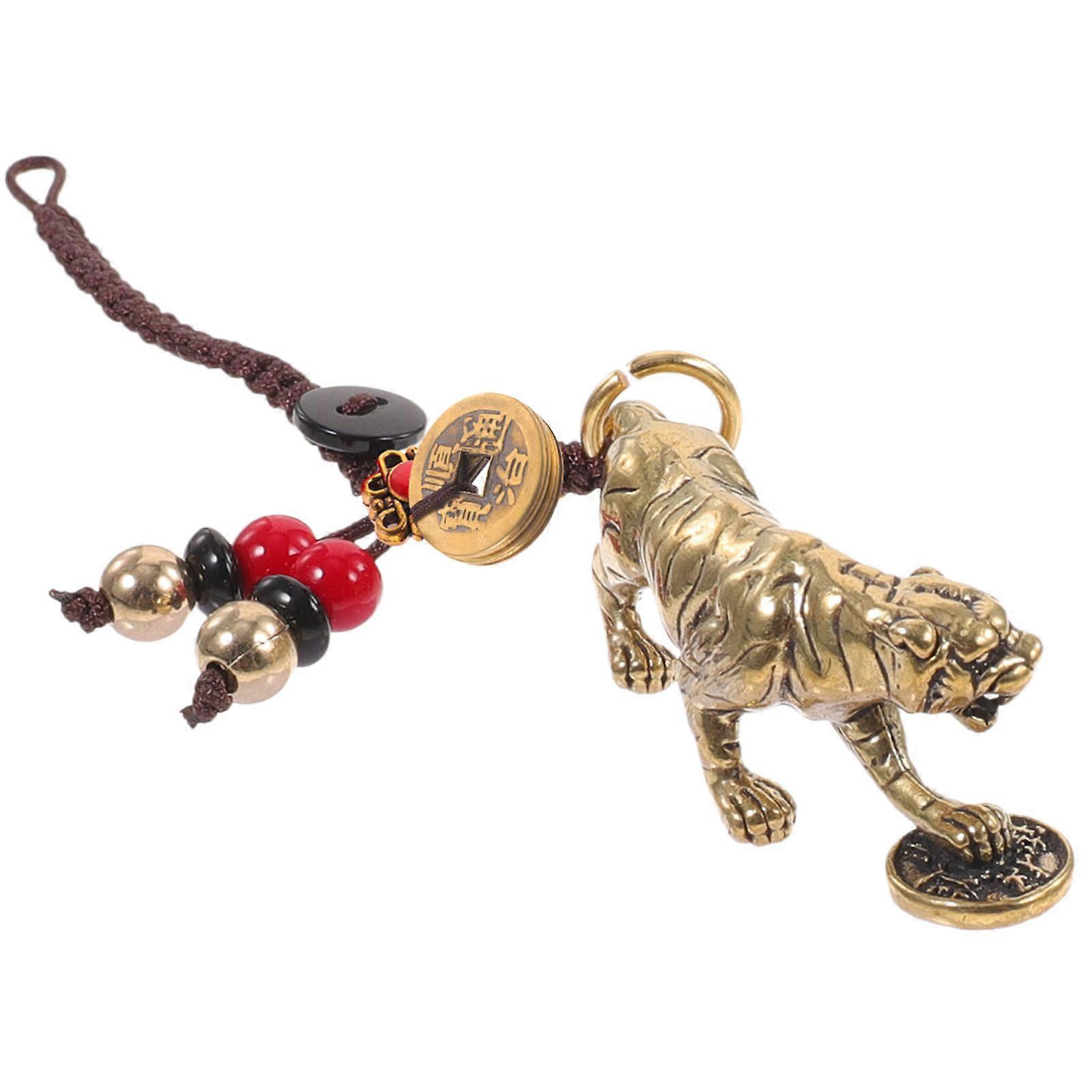 Brass Tiger Keychain Chinese Zodiac Feng Shui Car Pendant, Lightweight Key Ring Ornament for Bag & Keychain Gifting