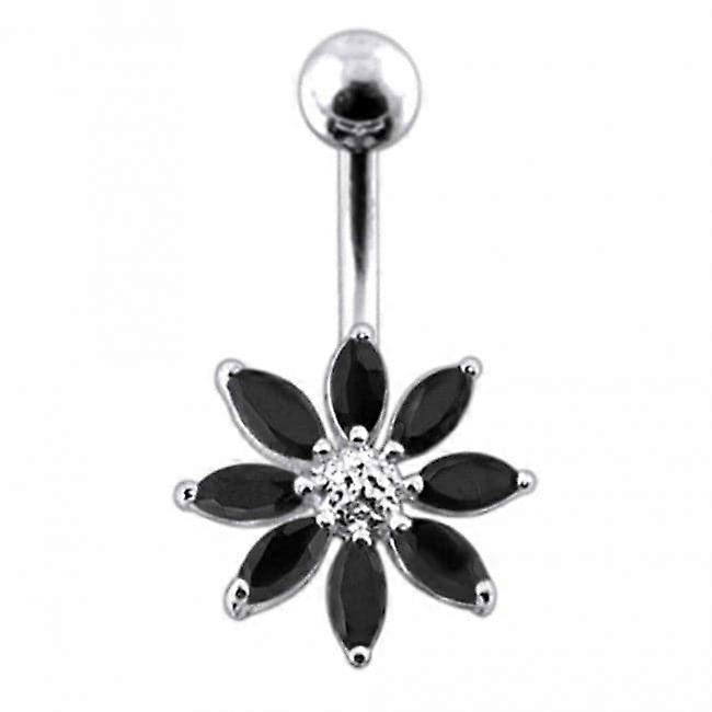 Silver Jewelled Flower With Ss Curved Bar Belly Ring